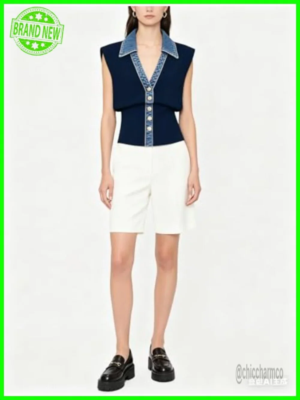 Women's Denim Trim Sweater Vest V-Neck Crop Tank Knit Pullover